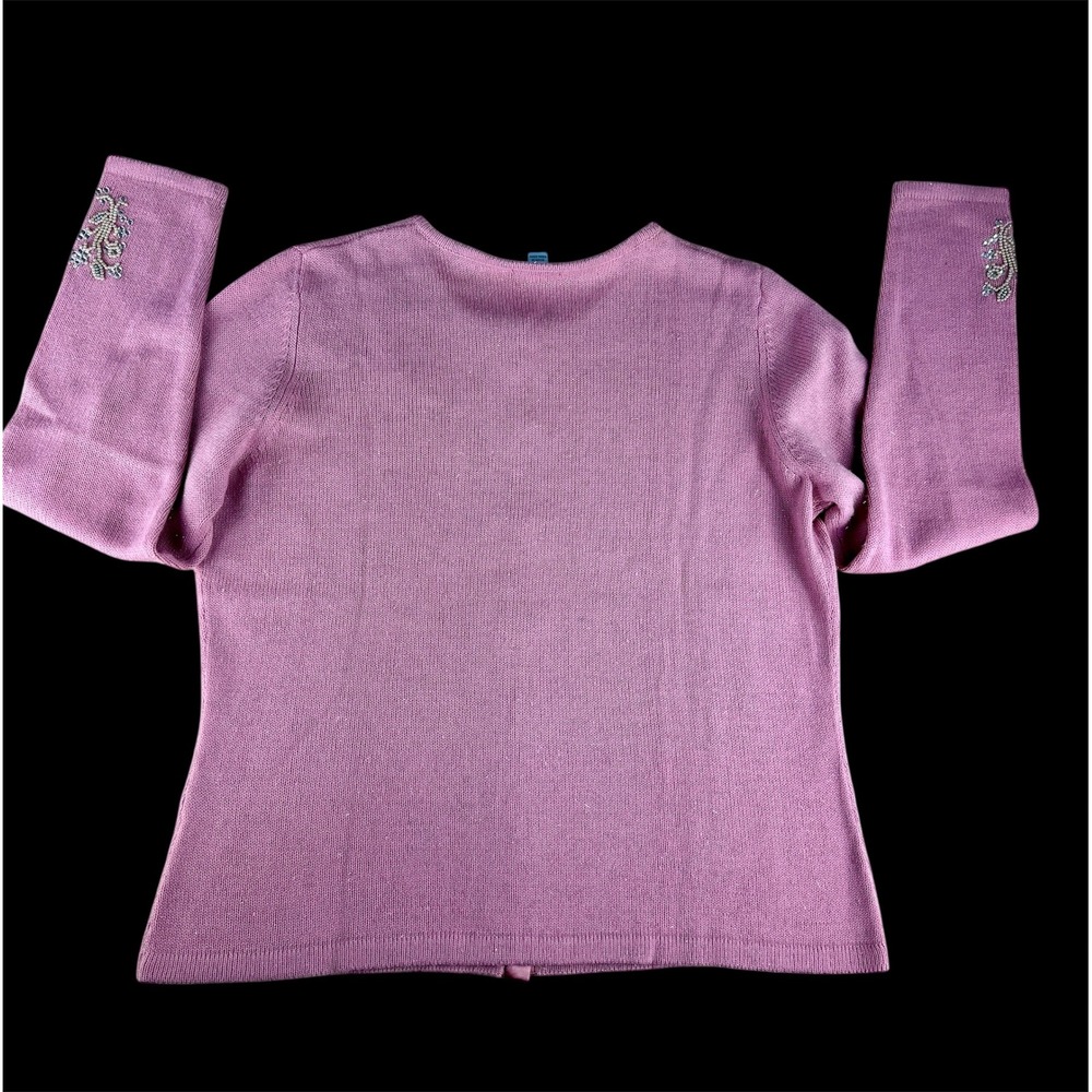 Nordstrom Pink Beaded Floral Cardigan Sweater Metallic Shimmer Rhinestone Large - Picture 14 of 17